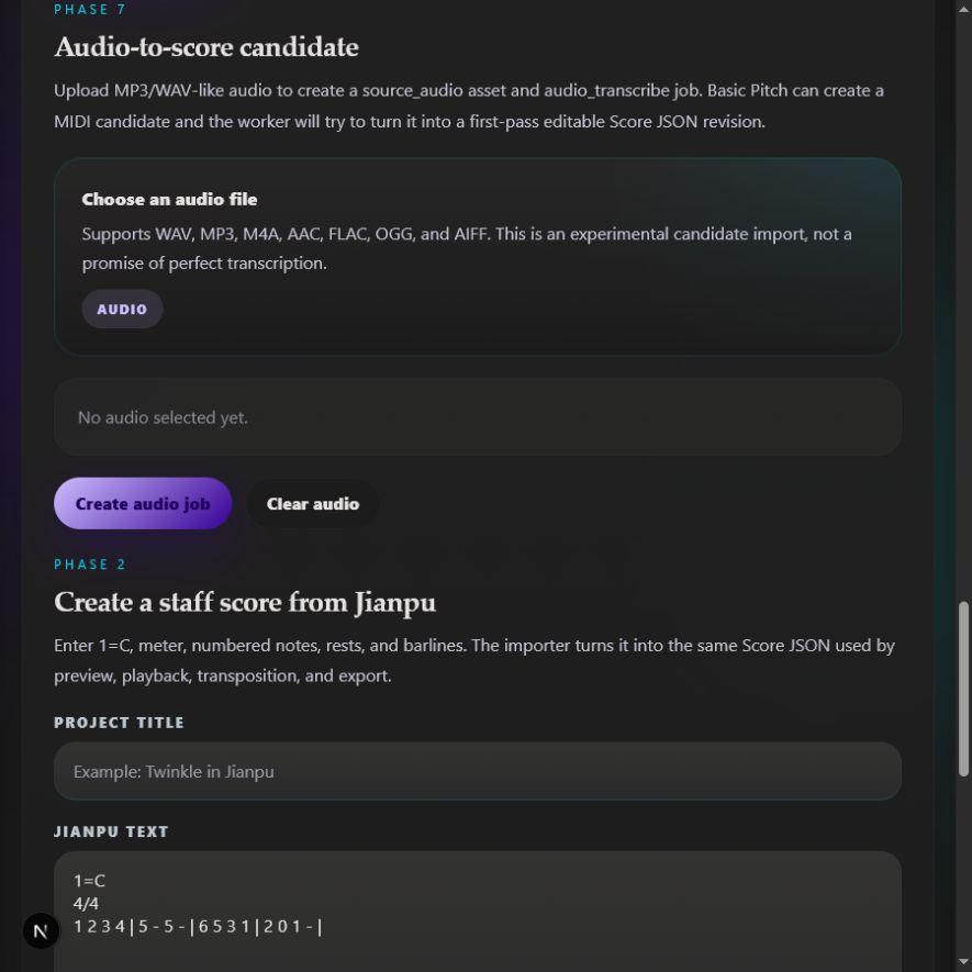 Score project workspace used to review an audio transcription candidate