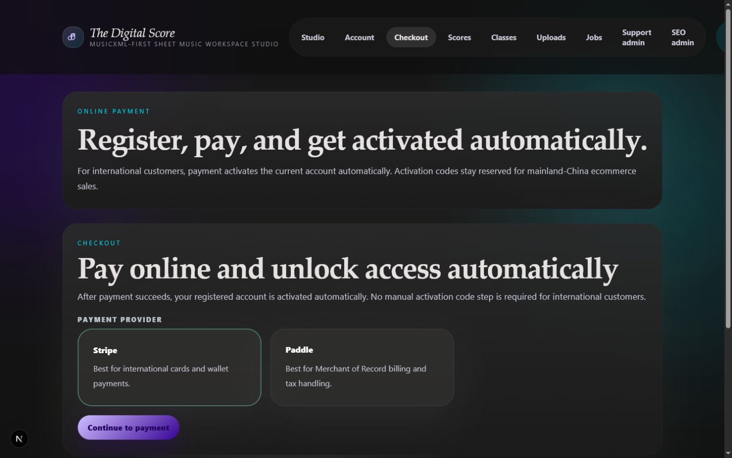Authenticated score workspace unlocked by an active product entitlement