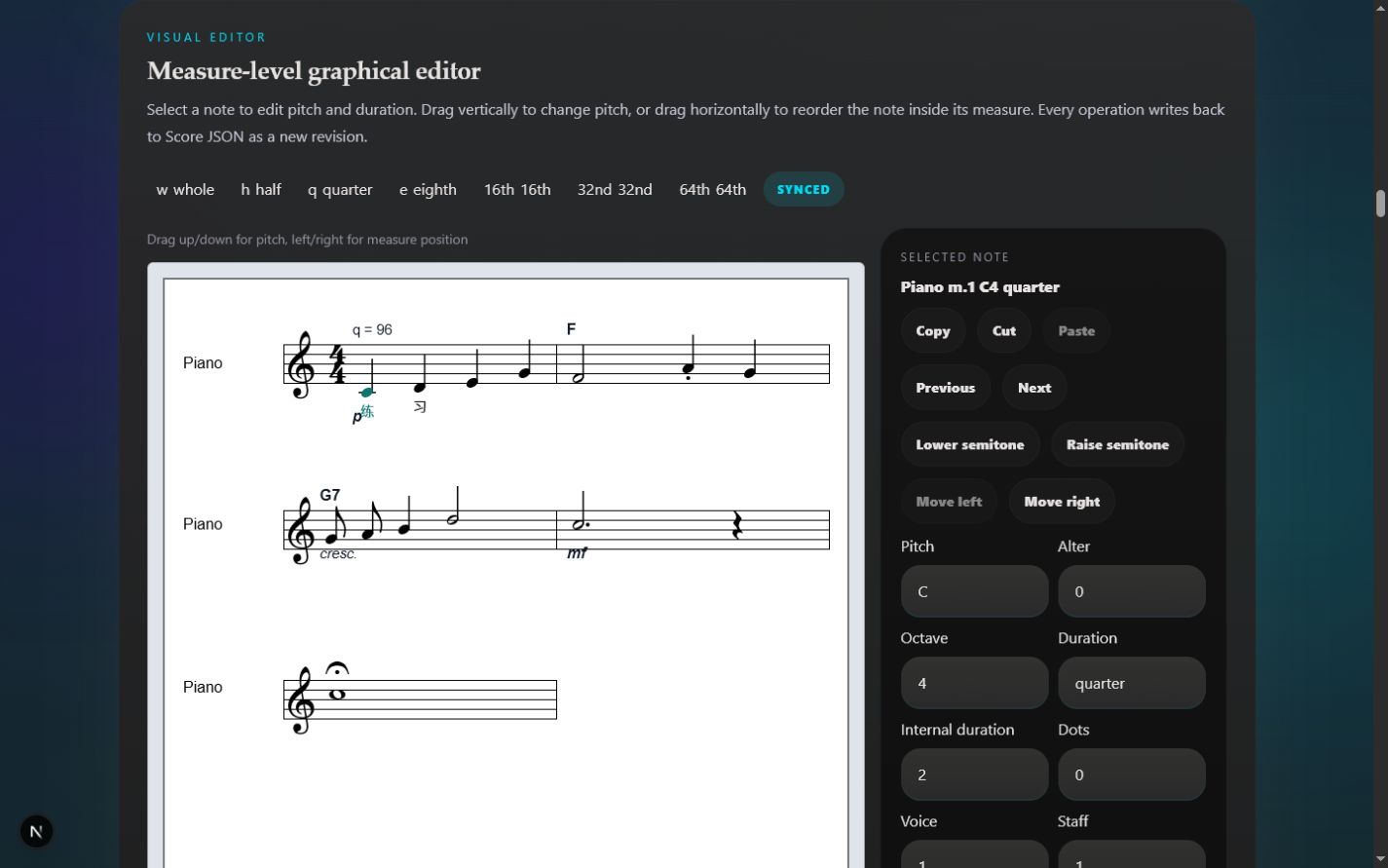 Visual score editor with rendered notation, revision controls and correction tools