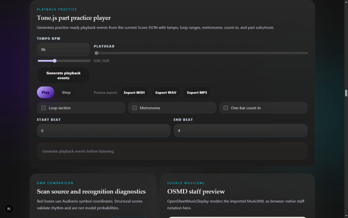 Score workspace with playback, part controls and queued audio export jobs