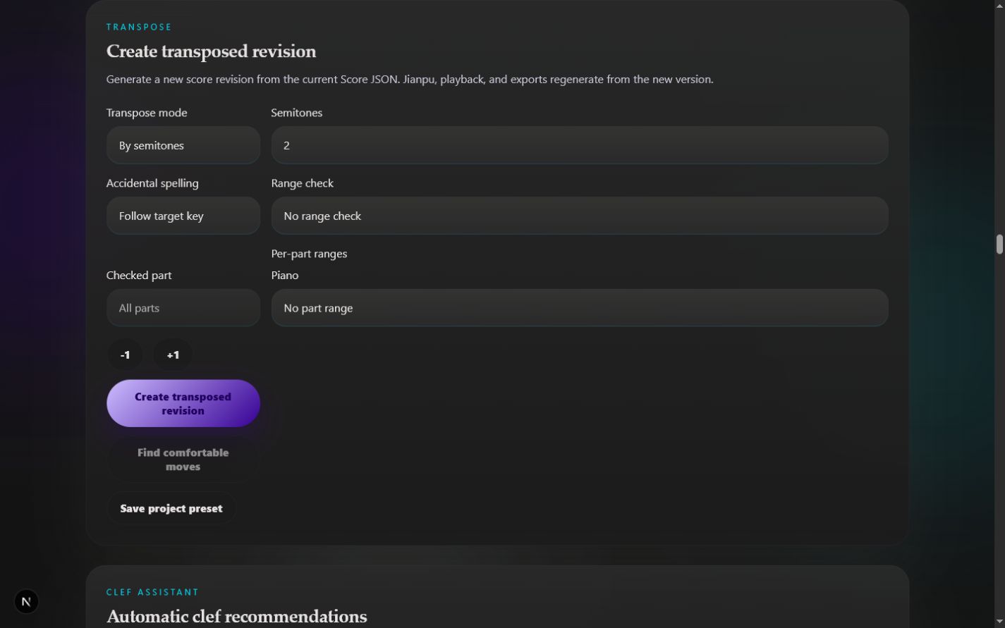 Score workspace where transposition creates a new editable score revision